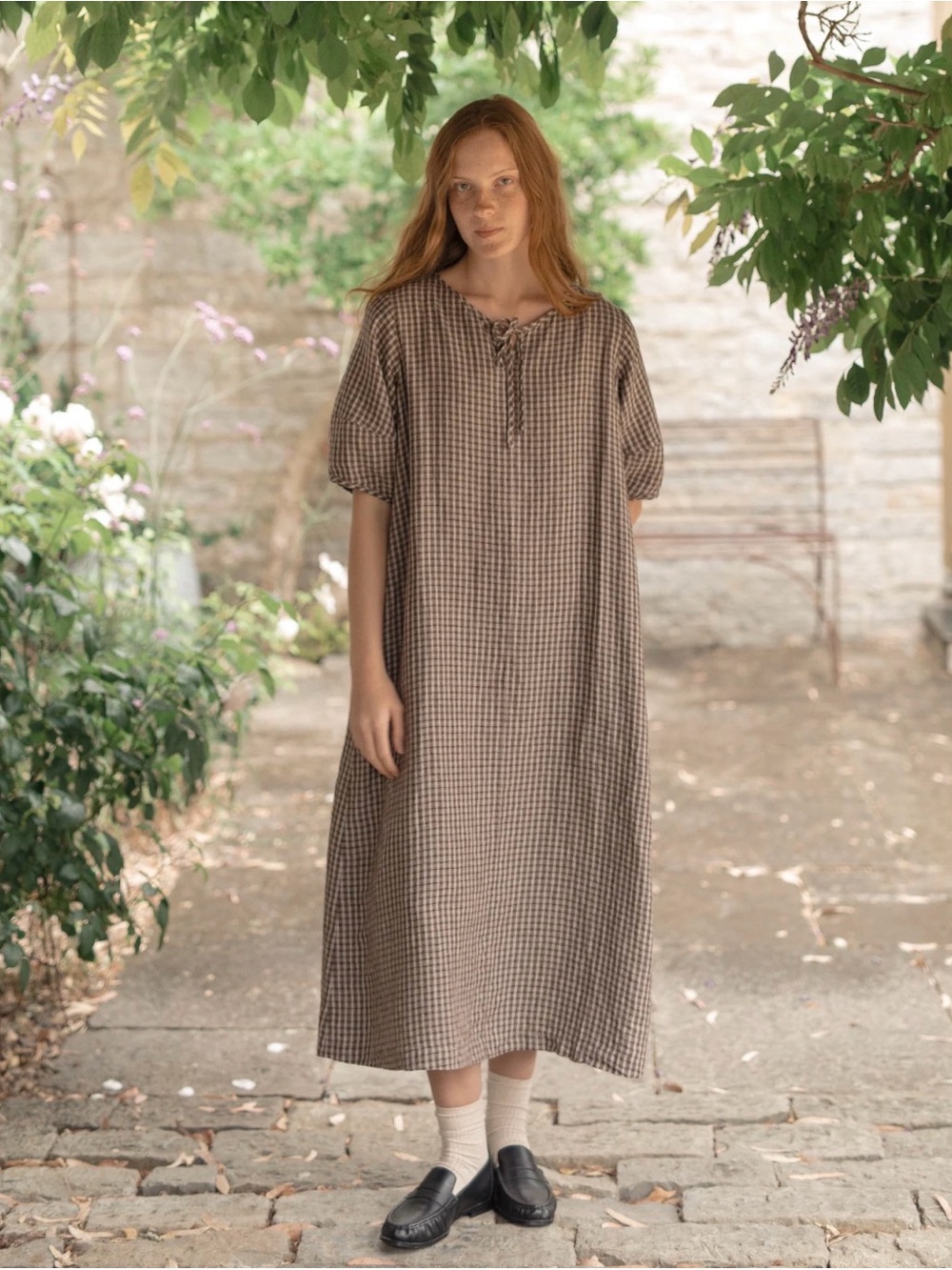 Gillian Stevens Blair Dress Chocolate Plaid 100% Linen Dress Maxi